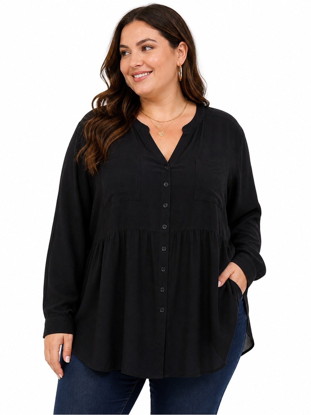 Torrid 4X 26 Black Babydoll Tunic Top Button Front Long Sleeve NWT